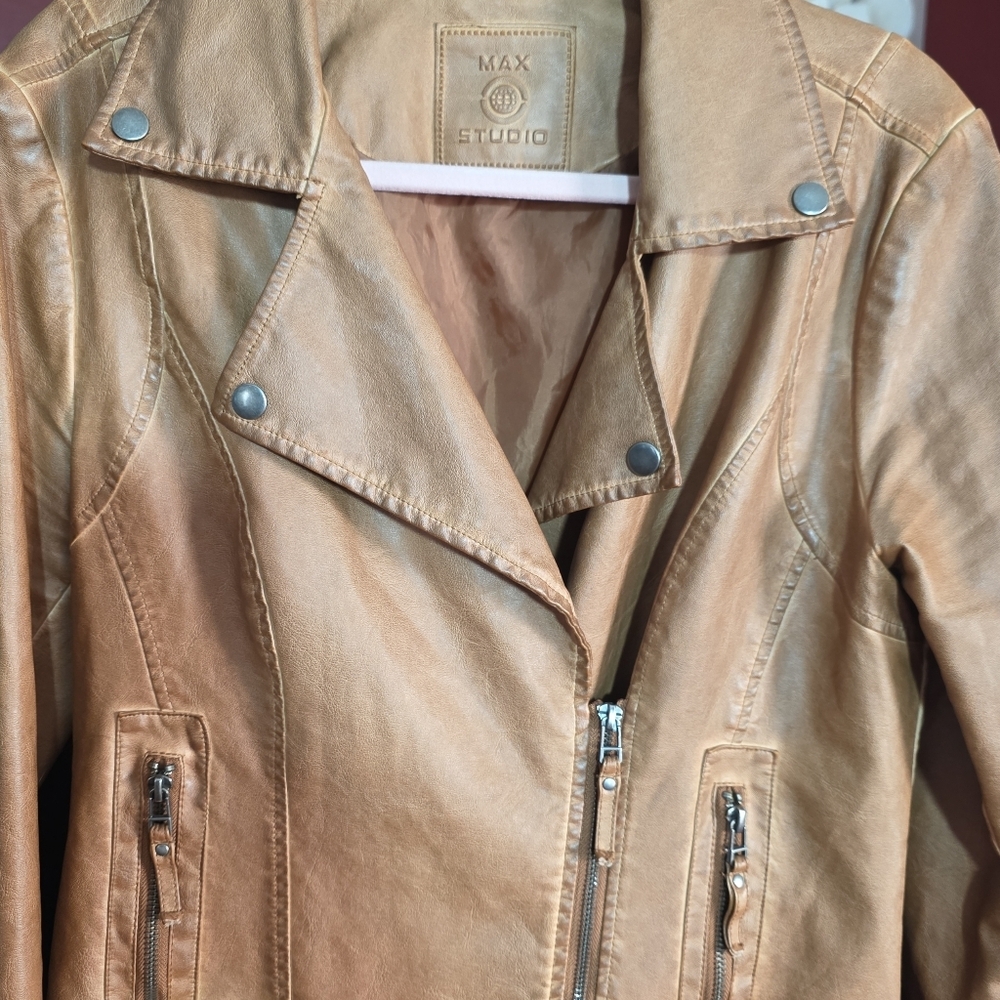 Max Studio Light Brown Faux Leather Moto Biker‎ Jacket Sz Large - Picture 3 of 8